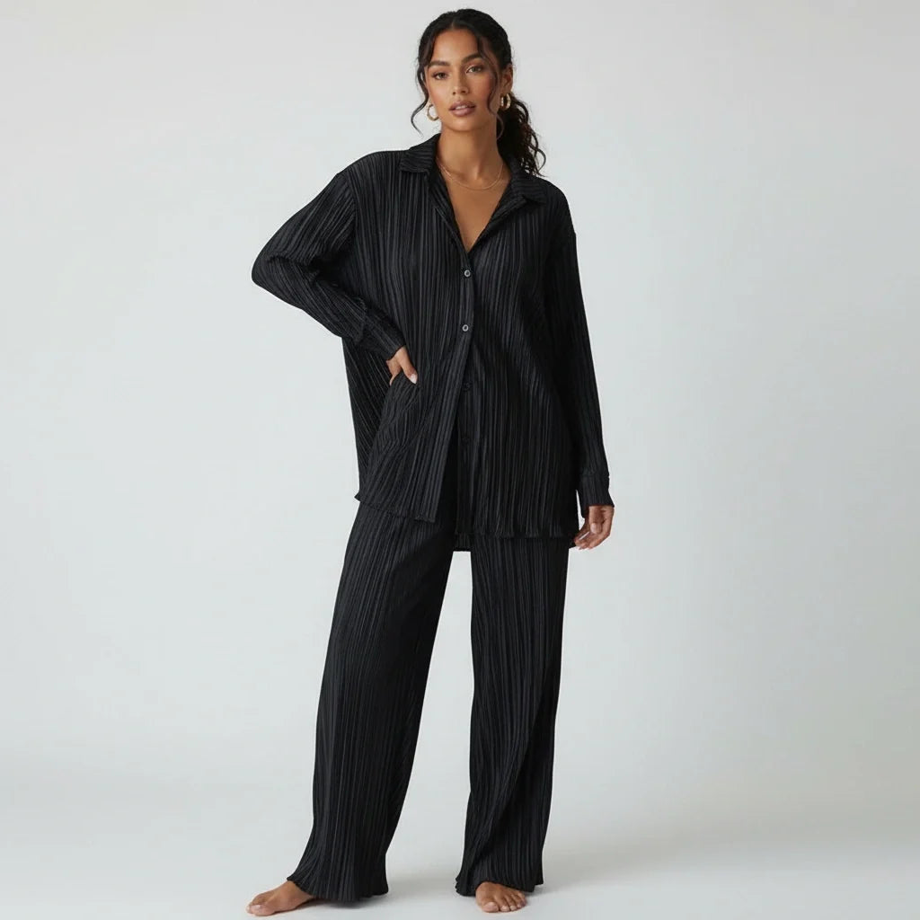 Geplooide loungeset met blouse en broek voor dames in zwart