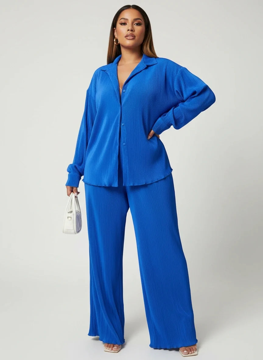 Geplooide loungeset met blouse en broek voor dames in blauw