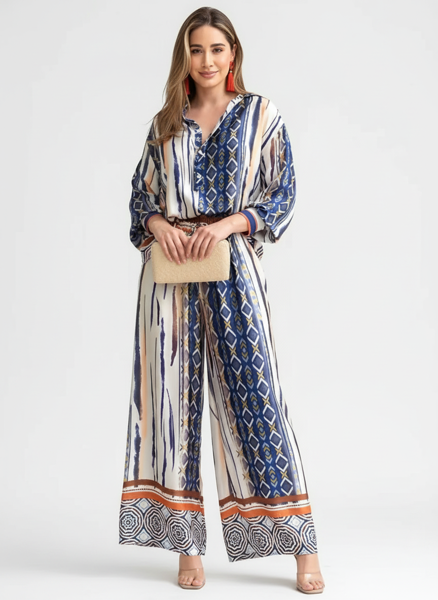 Geprinte set met ceintuur voor dames in blauw