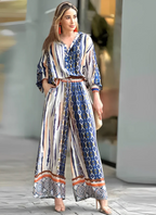 Geprinte set met ceintuur voor dames in blauw