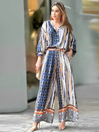 Geprinte set met ceintuur voor dames in blauw