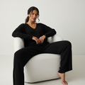 Geribde lounge set met V-hals voor dames in zwart
