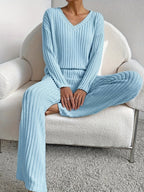 Geribde lounge set met V-hals voor dames in blauw