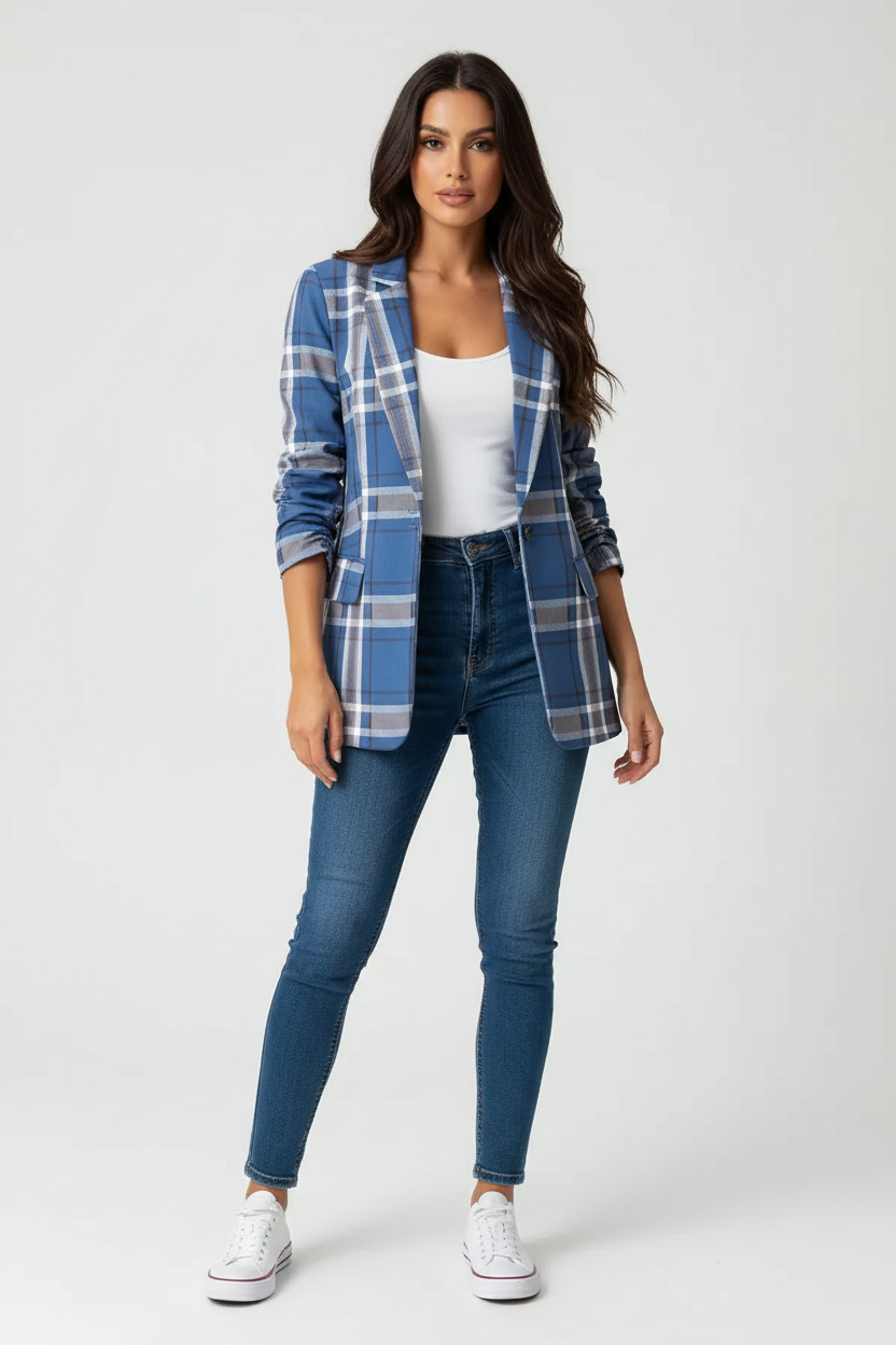 Geruite blazer met getailleerde pasvorm voor dames in blauw