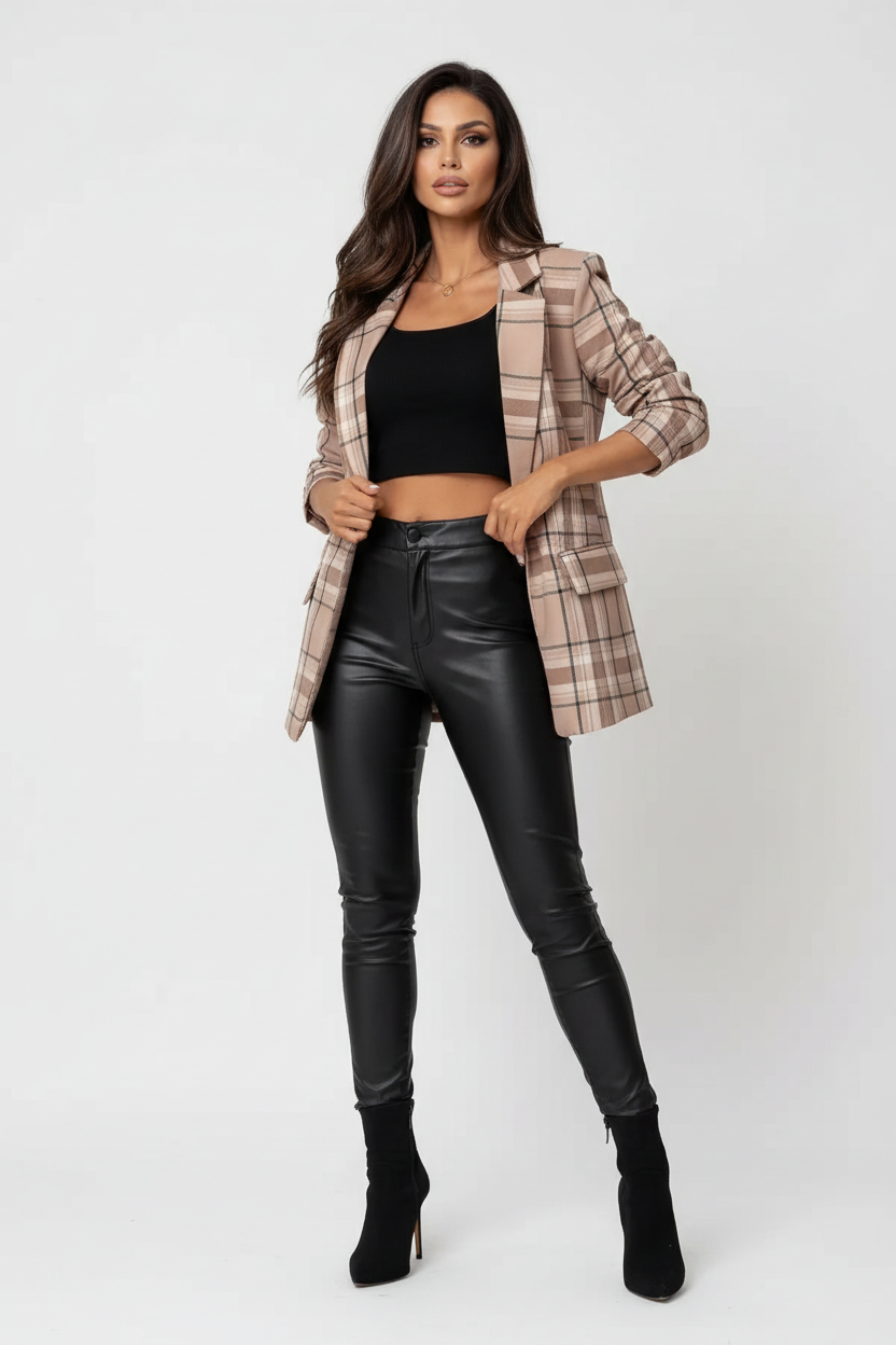 Geruite blazer met getailleerde pasvorm voor dames in beige