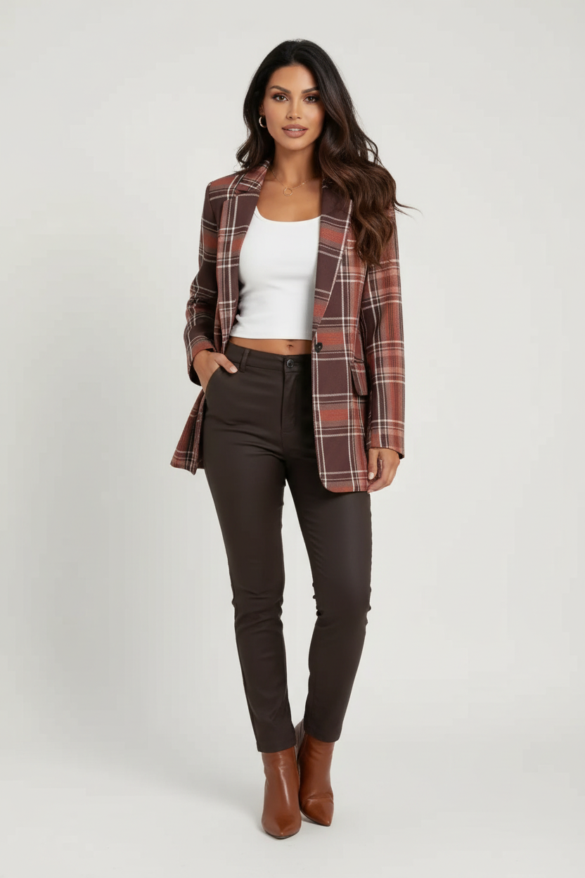 Geruite blazer met getailleerde pasvorm voor dames in bruin