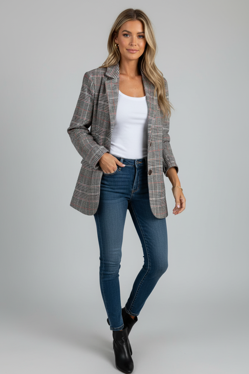 Grijze geruite blazer met getailleerde pasvorm voor dames
