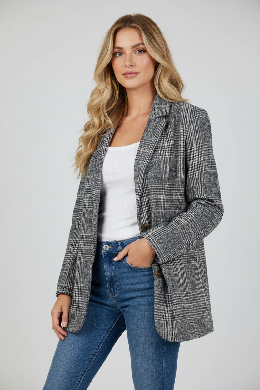 Grijze geruite blazer met getailleerde pasvorm voor dames