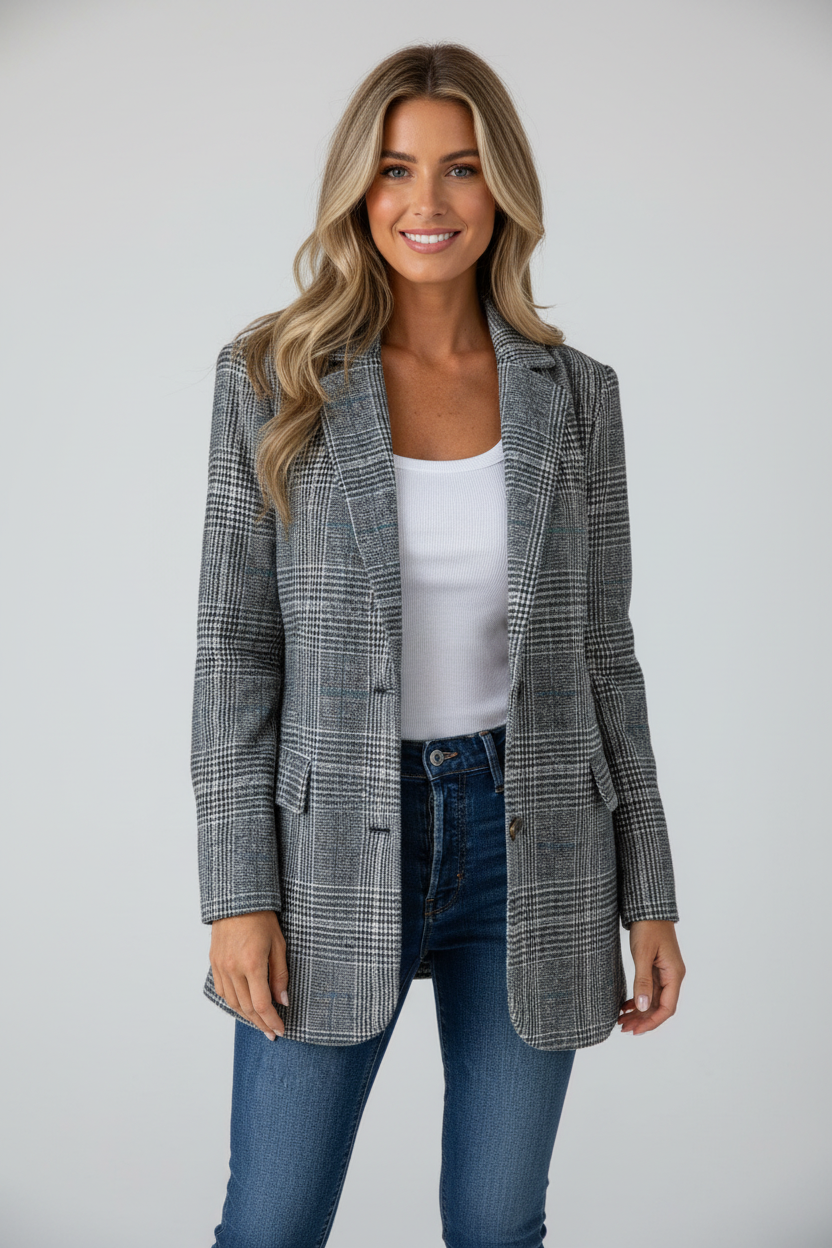 Grijze geruite blazer met getailleerde pasvorm voor dames