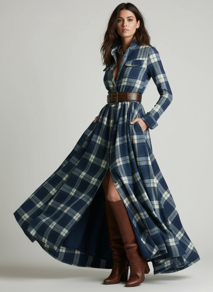 Geruite maxi jurk met ceintuur voor dames in blauw