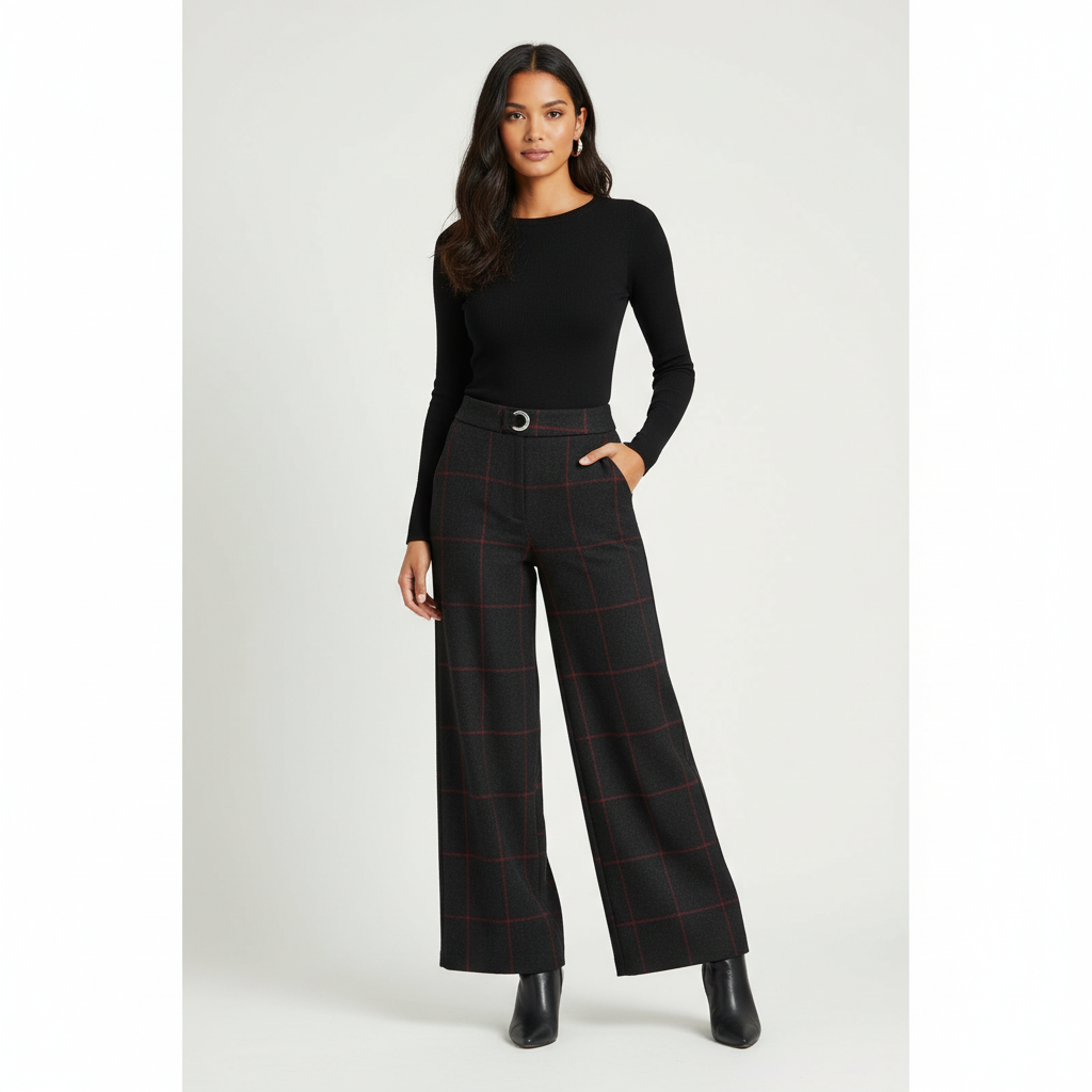 Geruite pantalon met wijde pijpen voor dames