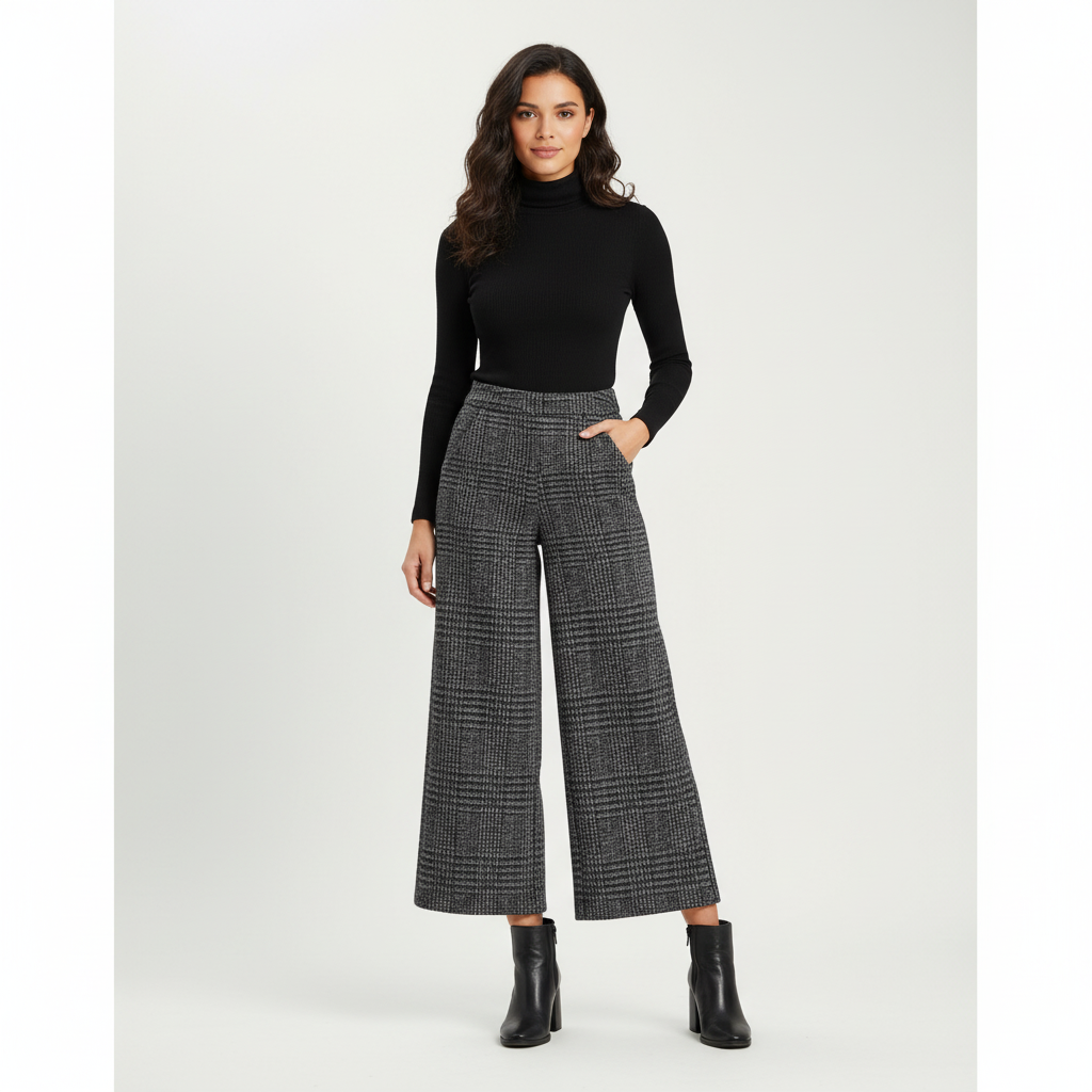 Geruite pantalon met wijde pijpen voor dames