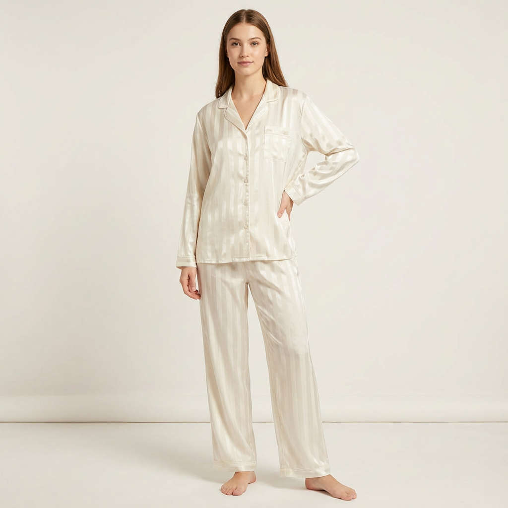 Gestreepte satijnen pyjama met losvallende pasvorm voor dames in ivoor