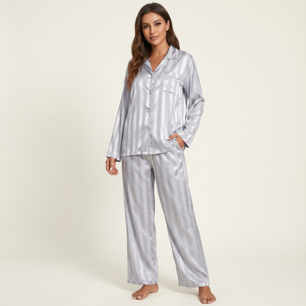 Gestreepte satijnen pyjama met losvallende pasvorm voor dames in blauw