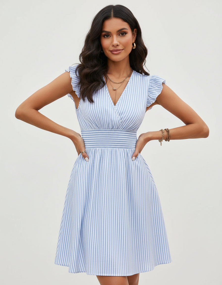 Gestreepte zomerjurk met smocked taille voor dames in blauw