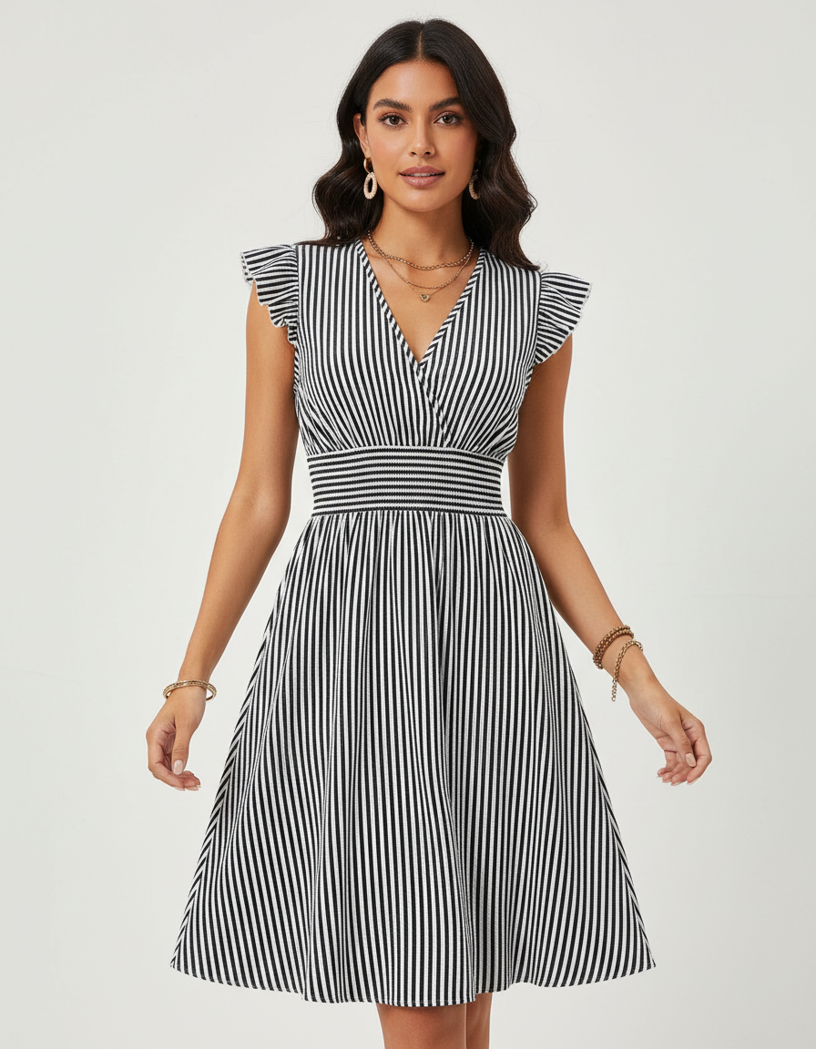 Gestreepte zomerjurk met smocked taille voor dames in zwart
