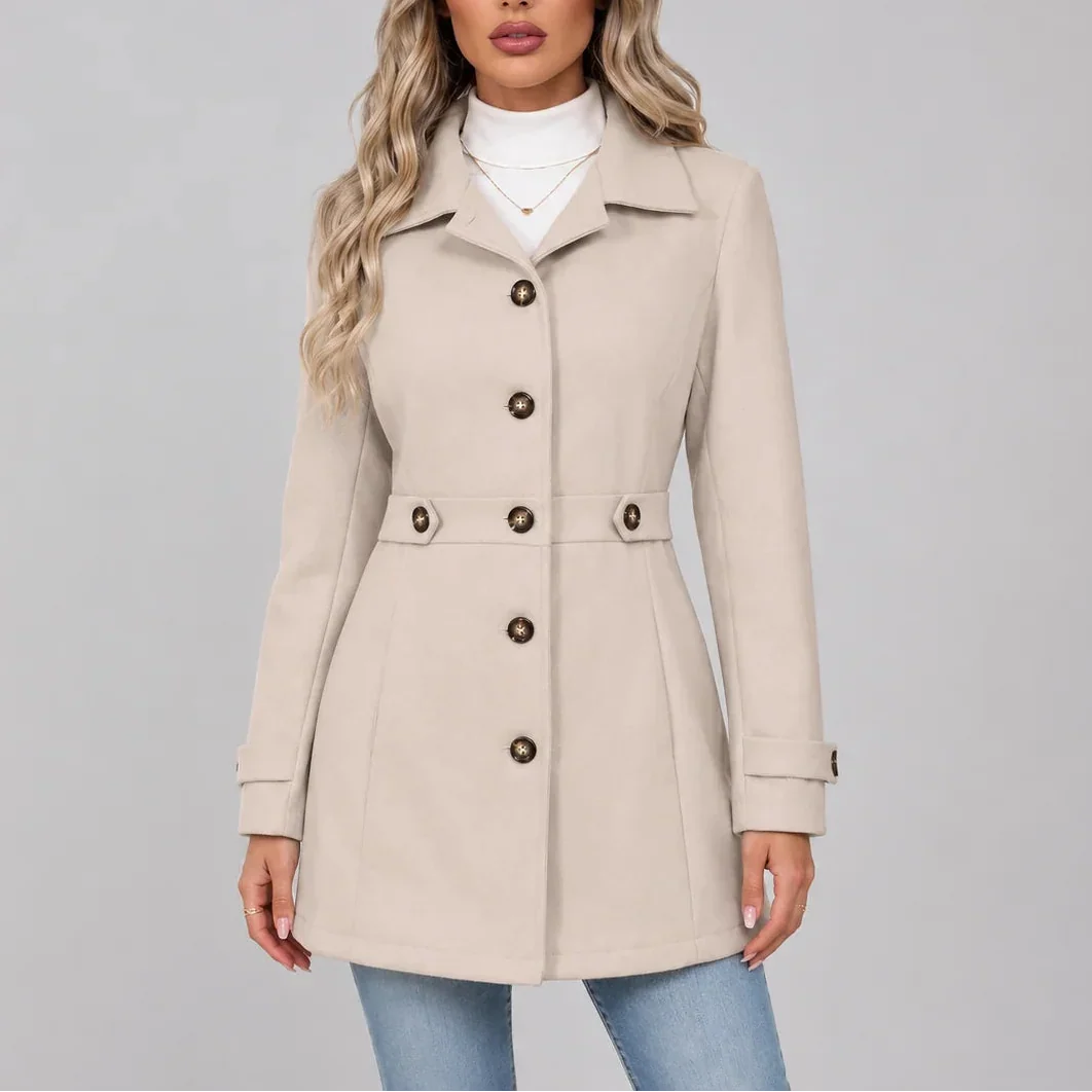 Getailleerde mantel met knoopsluiting en puntkraag voor dames in beige
