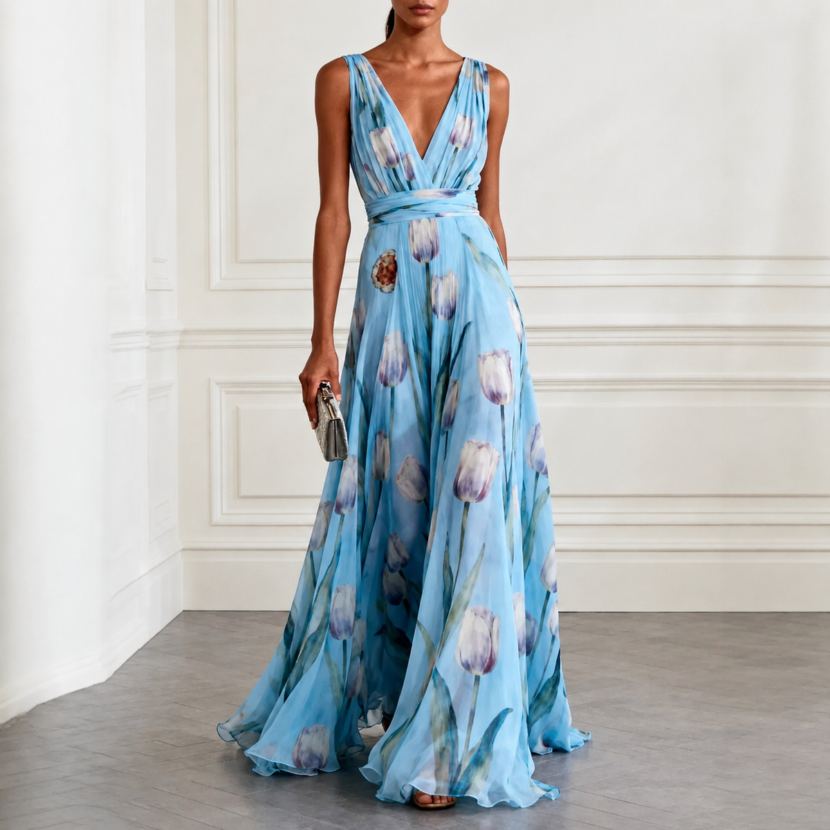 Getailleerde maxi-jurk met V-hals en bloemenprint voor dames in lichtblauw