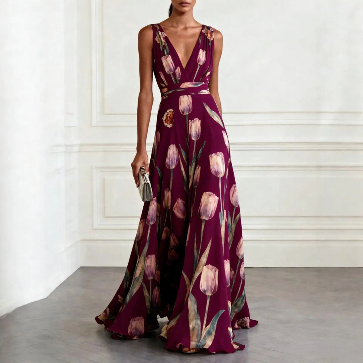 Getailleerde maxi-jurk met V-hals en bloemenprint voor dames in bordeaux