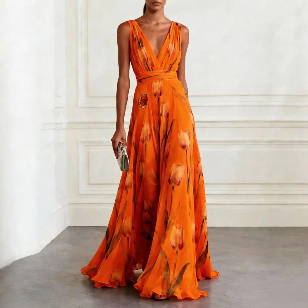 Getailleerde maxi-jurk met V-hals en bloemenprint voor dames in oranje