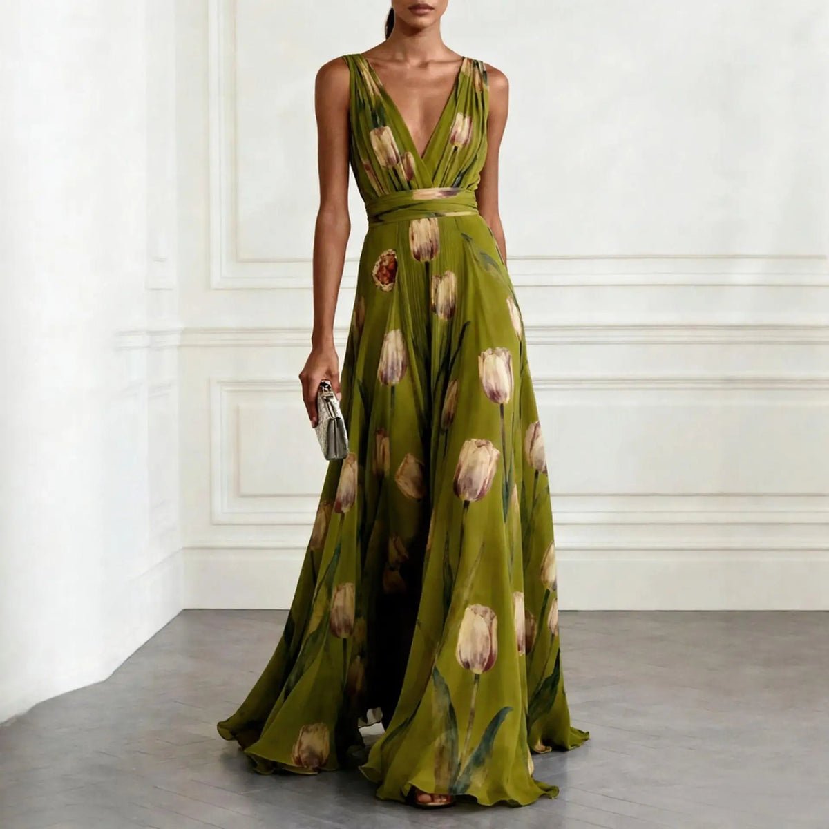 Getailleerde maxi-jurk met V-hals en bloemenprint voor dames in groen