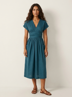Getailleerde midi jurk met V-hals voor dames in blauw