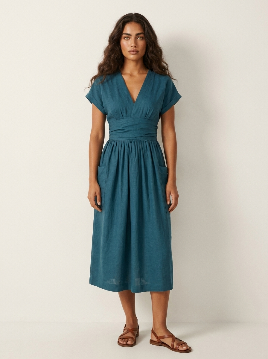 Getailleerde midi jurk met V-hals voor dames in blauw