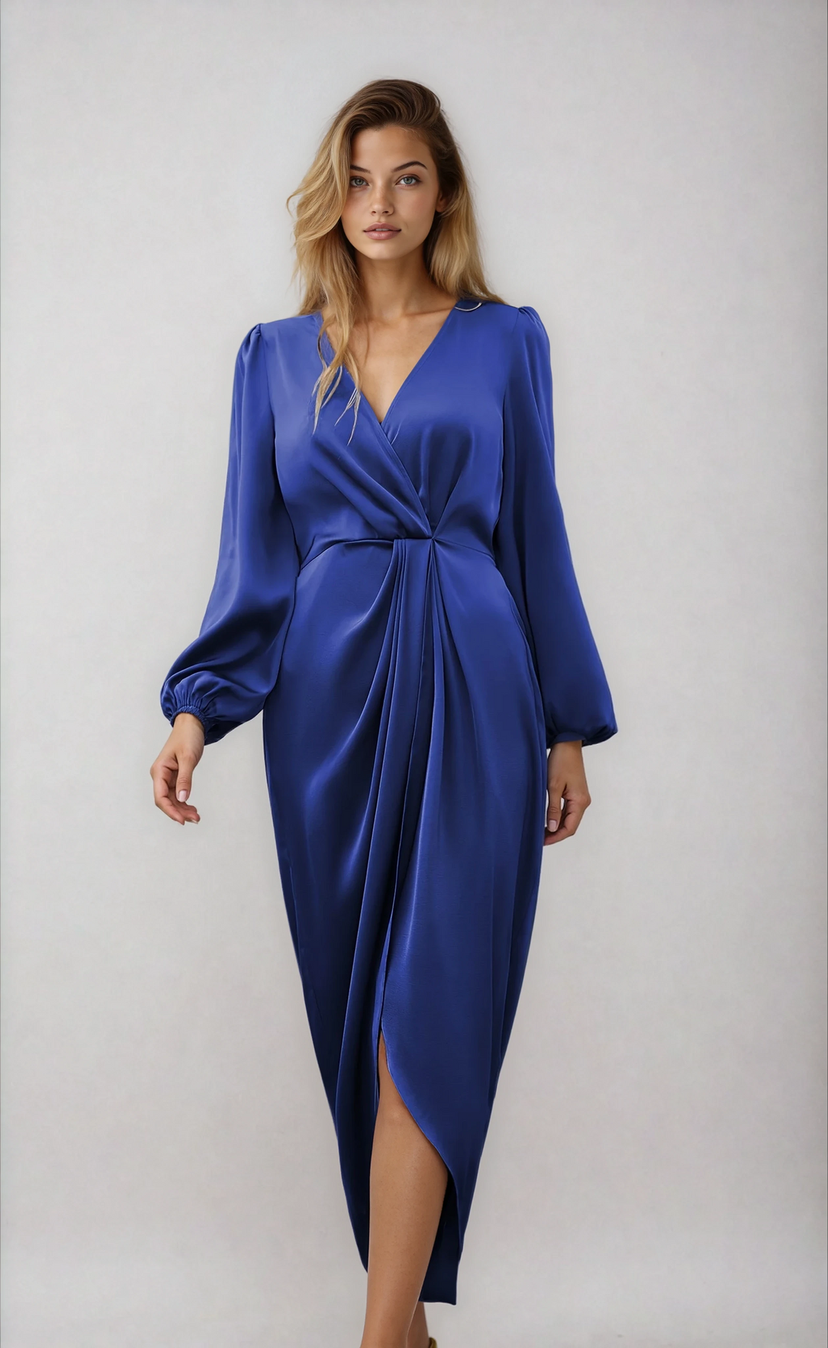 Getailleerde midi jurk met V-hals en bijpassende ceintuur voor dames in blauw