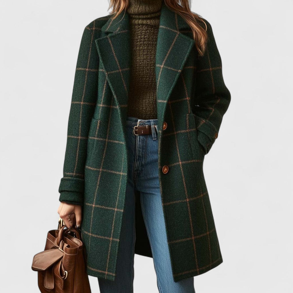 Getailleerde tweed jas met ruitdessin en reverskraag voor dames in donkergroen