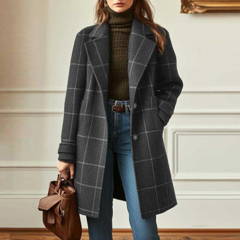 Getailleerde tweed jas met ruitdessin en reverskraag voor dames in grijs