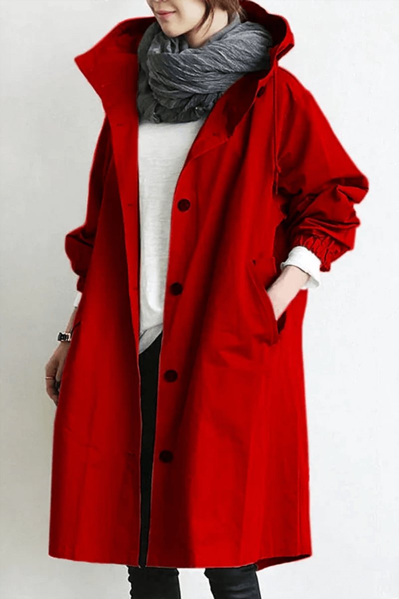 Gewatteerde trenchcoat met capuchon en knoopsluiting voor dames in rood