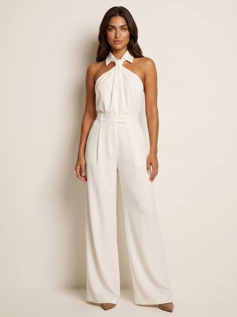 Halter jumpsuit met wide-leg broekspijpen voor dames in wit