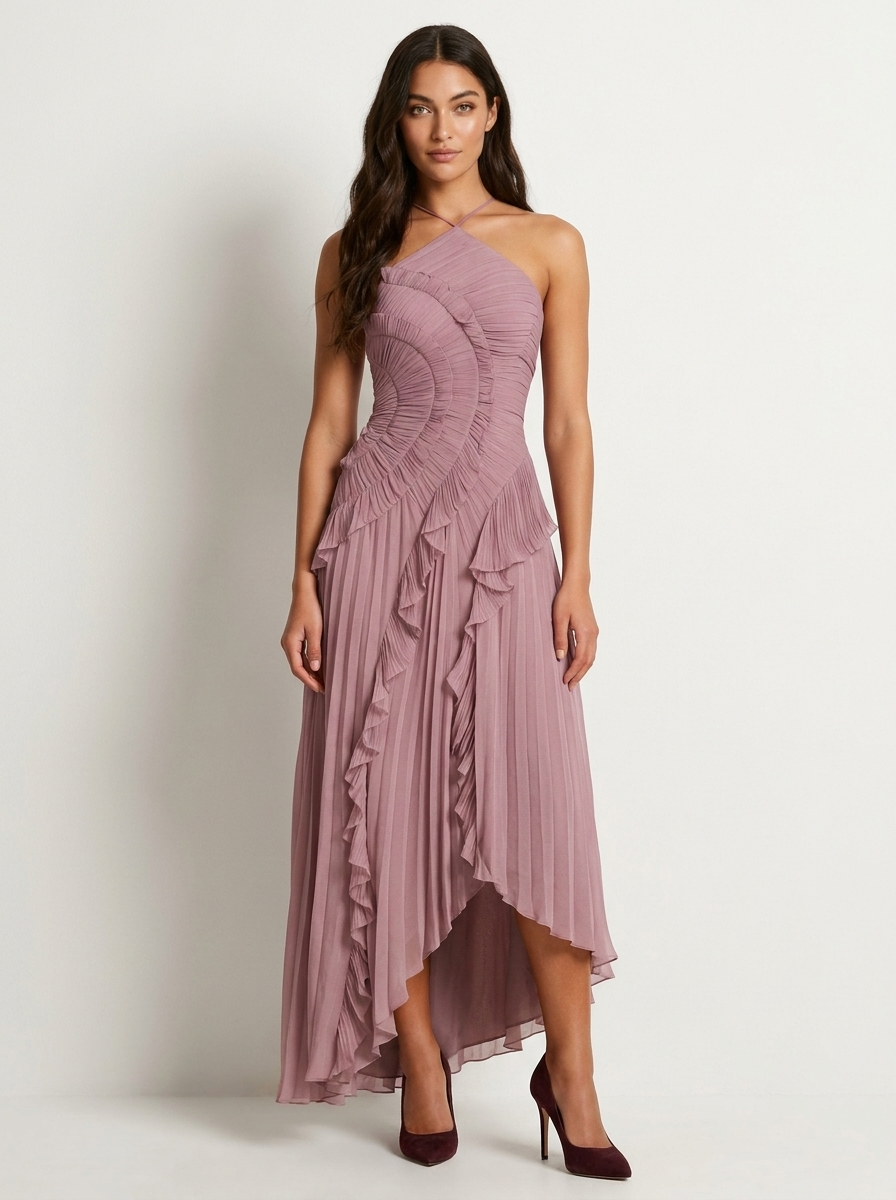 Halterjurk met ruches en asymmetrische zoom in oudroze