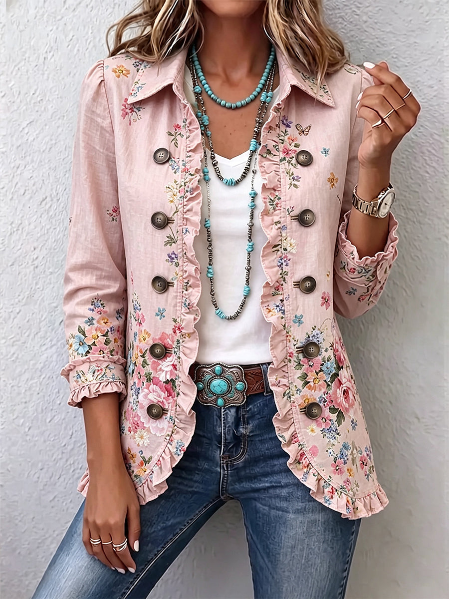 Heuplange jas met bloemenprint en dubbele knoopsluiting voor dames in roze