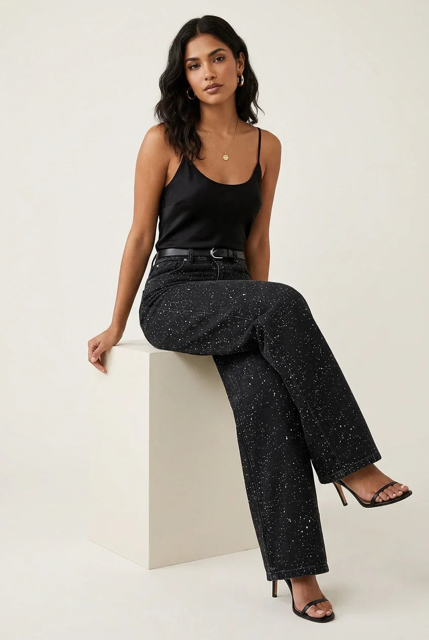 High waist jeans met glitterdetails en rechte pijpen