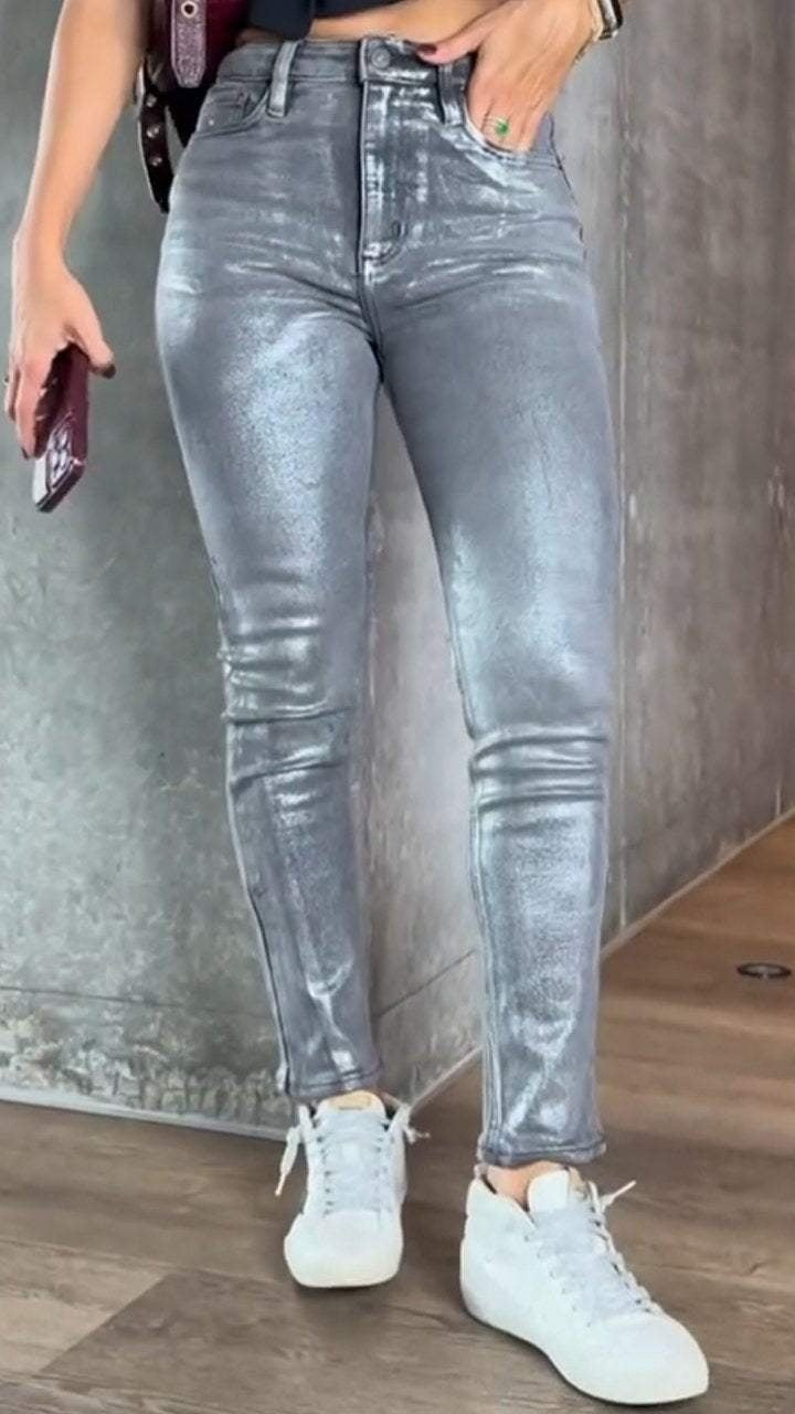 High waist jeans met subtiele glans