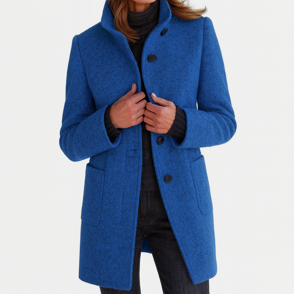 Jas van wolmix met opstaande kraag voor dames in blauw