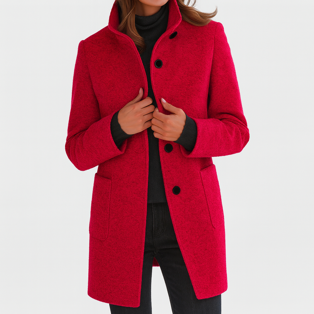Jas van wolmix met opstaande kraag voor dames in rood