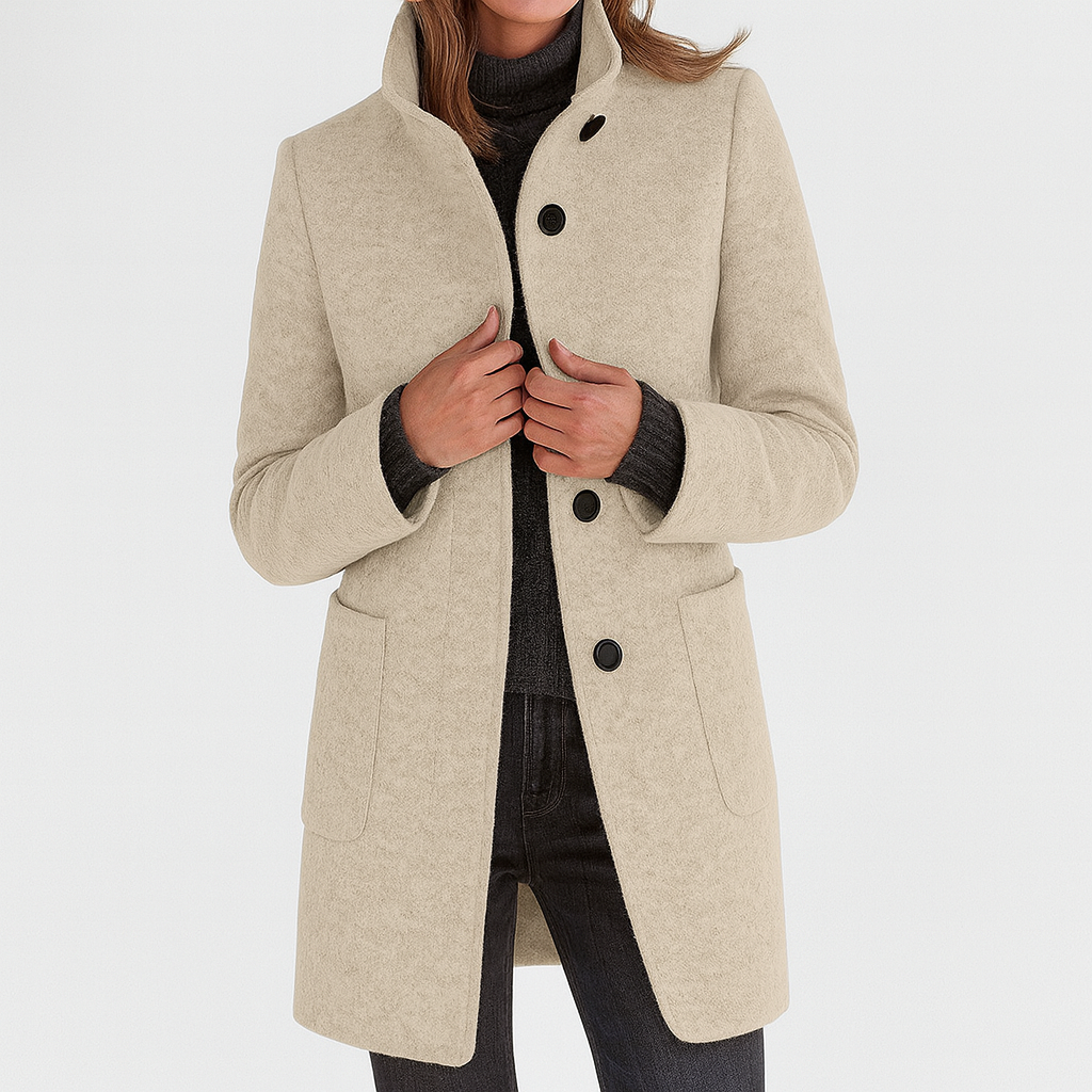 Jas van wolmix met opstaande kraag voor dames in beige