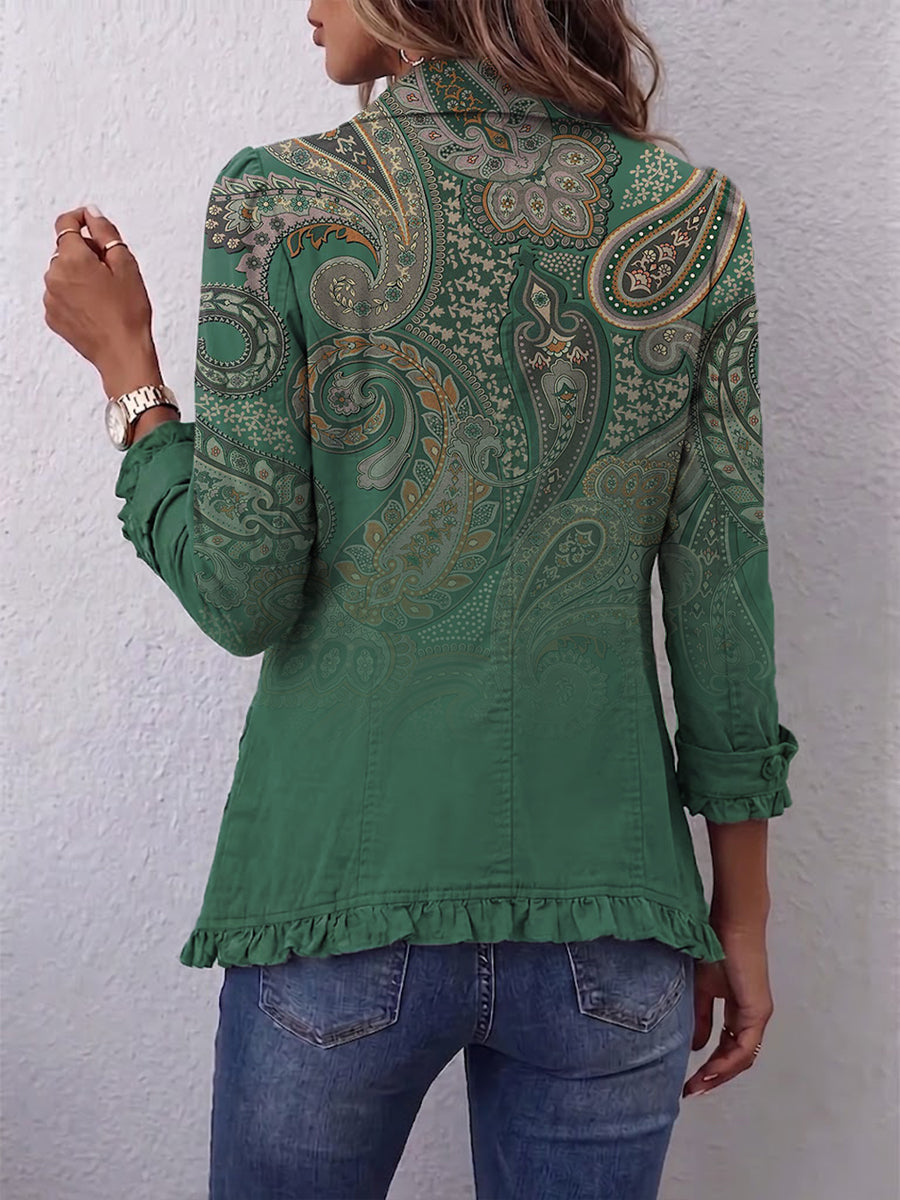 Jas met groene paisleyprint en gerimpelde manchetten voor dames