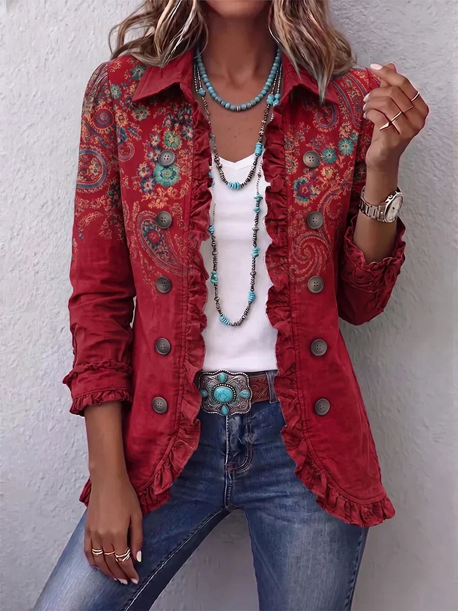 Jas met paisleyprint en ruche-afwerking voor dames in rood