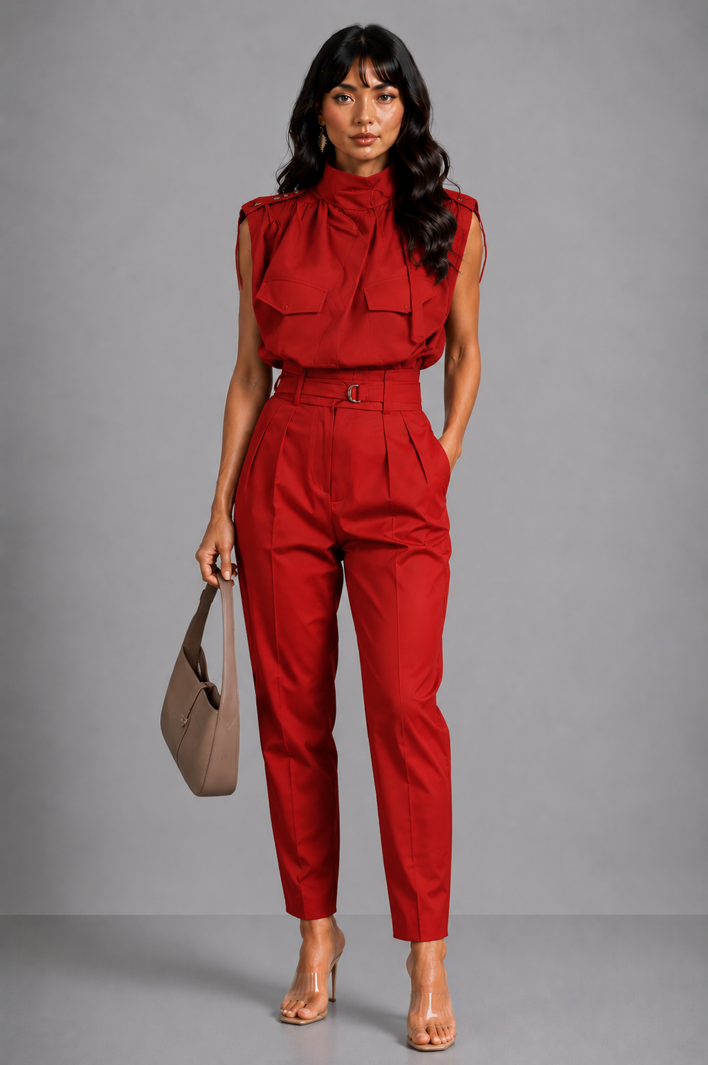 Mouwloze jumpsuit met hoge hals en tailleband voor dames