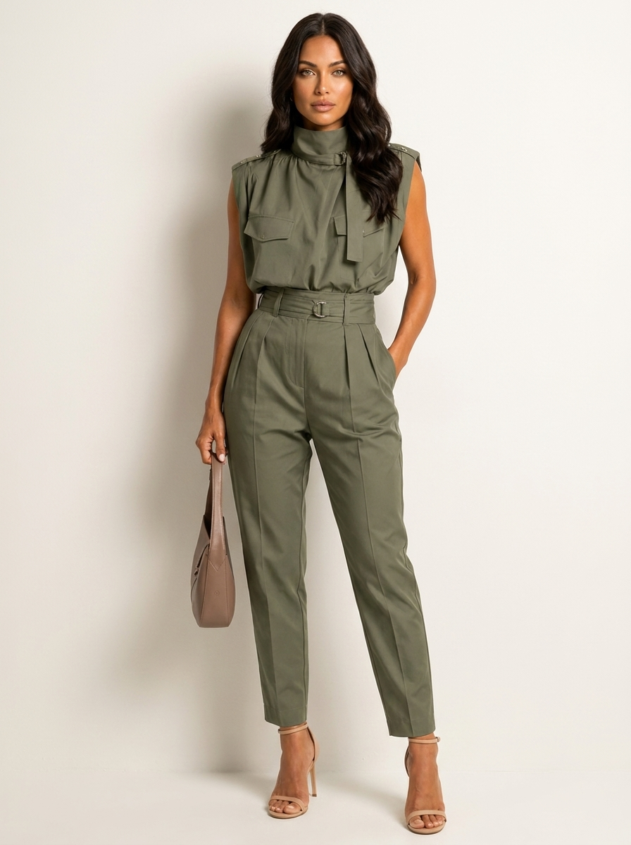 Mouwloze jumpsuit met hoge hals en tailleband voor dames in olijfgroen