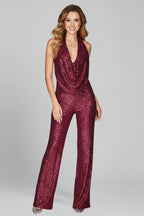 Jumpsuit met pailletten, halterhals en wijde pijpen voor dames in bordeauxrood