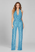 Jumpsuit met pailletten, halterhals en wijde pijpen voor dames in lichtblauw