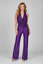 Jumpsuit met pailletten, halterhals en wijde pijpen voor dames in paars