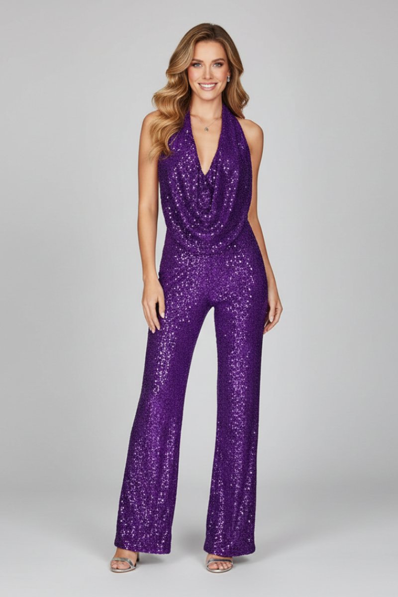 Jumpsuit met pailletten, halterhals en wijde pijpen voor dames in paars