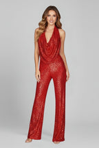 Jumpsuit met pailletten, halterhals en wijde pijpen voor dames in rood