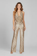 Jumpsuit met pailletten, halterhals en wijde pijpen voor dames in goud