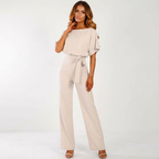 Dames jumpsuit met strikceintuur en wijde pijpen in beige